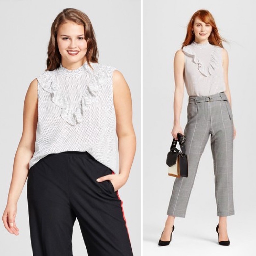 who what wear | polka dot v ruffle henley blouse white black s